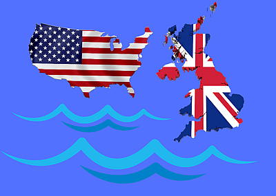 An illustration of a U.S. flag map and a U.K. flag map connected by cartoon-like waves.
