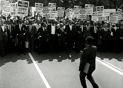Civil Rights leaders holding hands as they march along the National Mall during the March on Washington for Jobs and Freedom, Washington DC, August 28, 1963