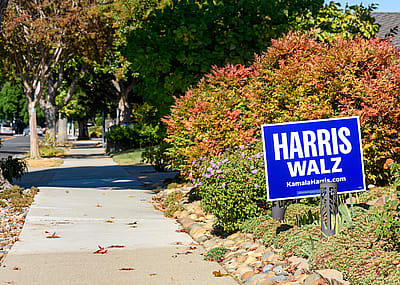 Harris-Walz yard lawn sign in a residential garden near a sidewalk in California.