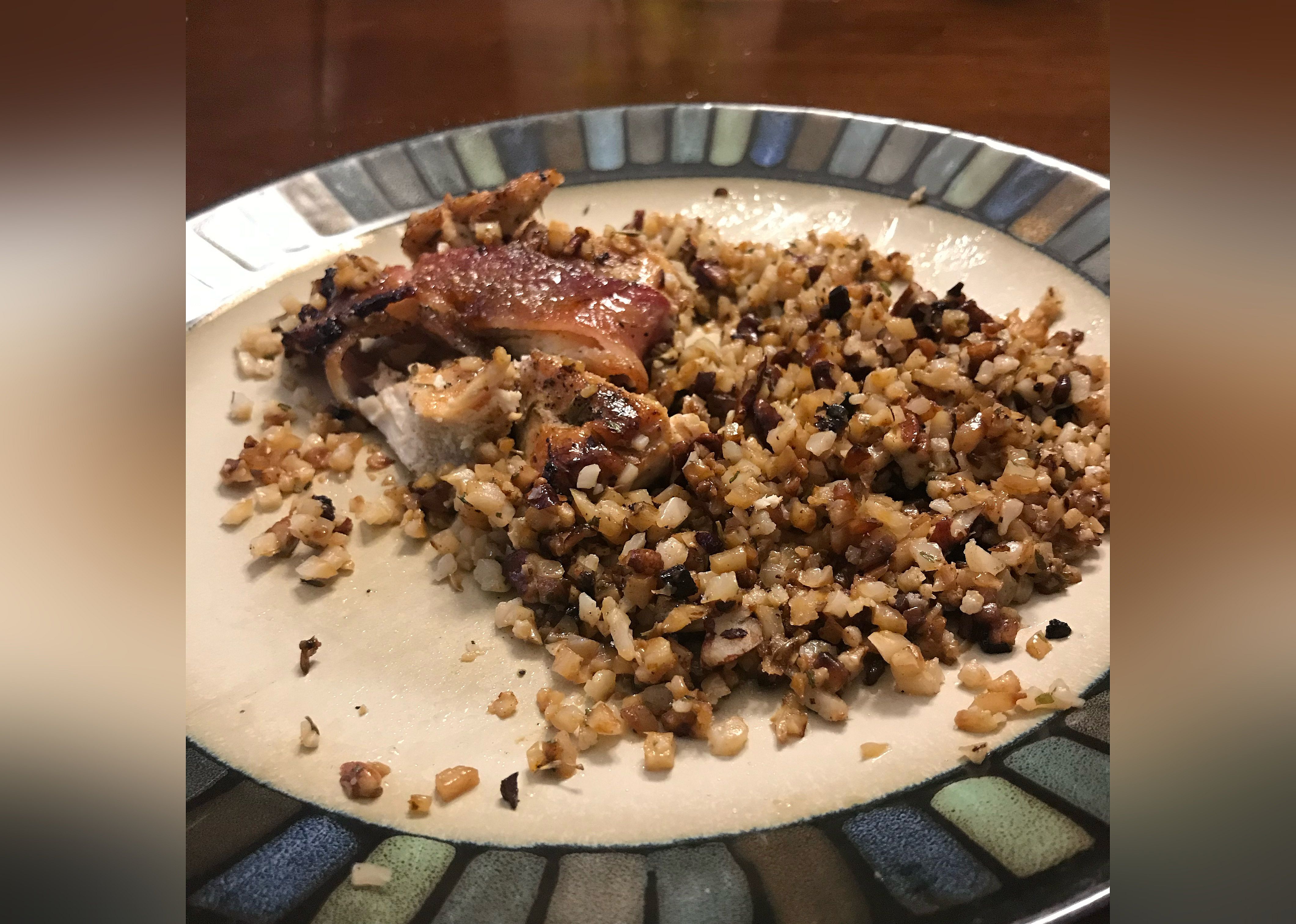 Herby Cauliflower Rice with Pecans and Candied Bacon-Wrapped Chicken
