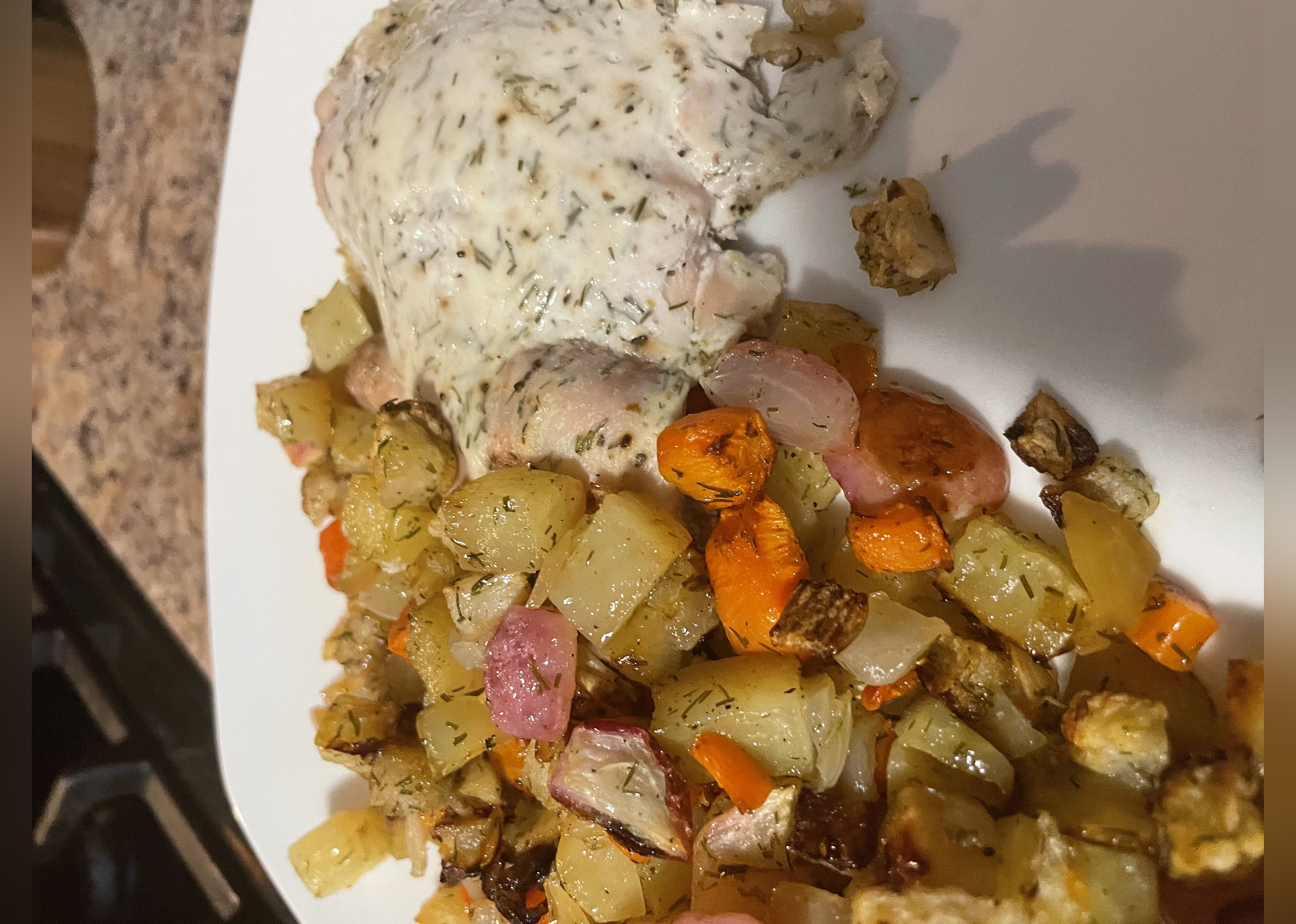 Lemon, Yogurt, and Dill Chicken Thighs with Roasted Veggies