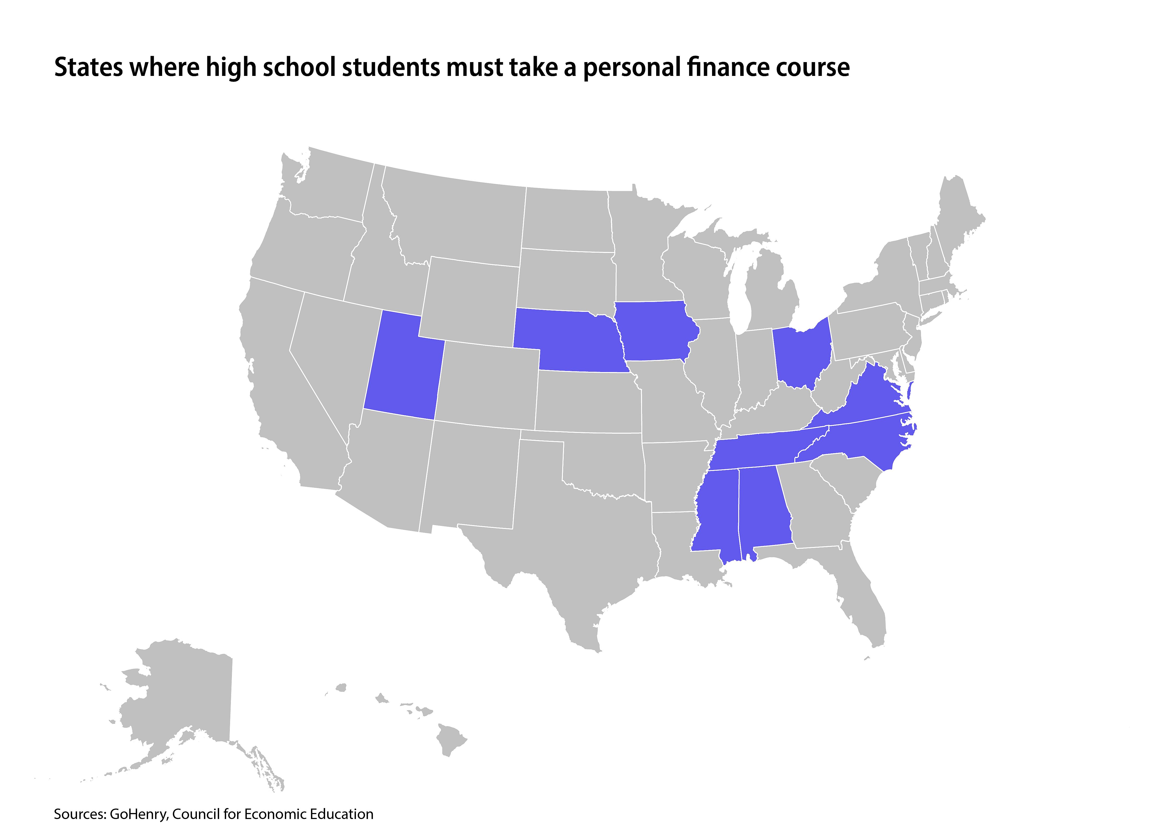 State map where high school students must take personal finance coursework