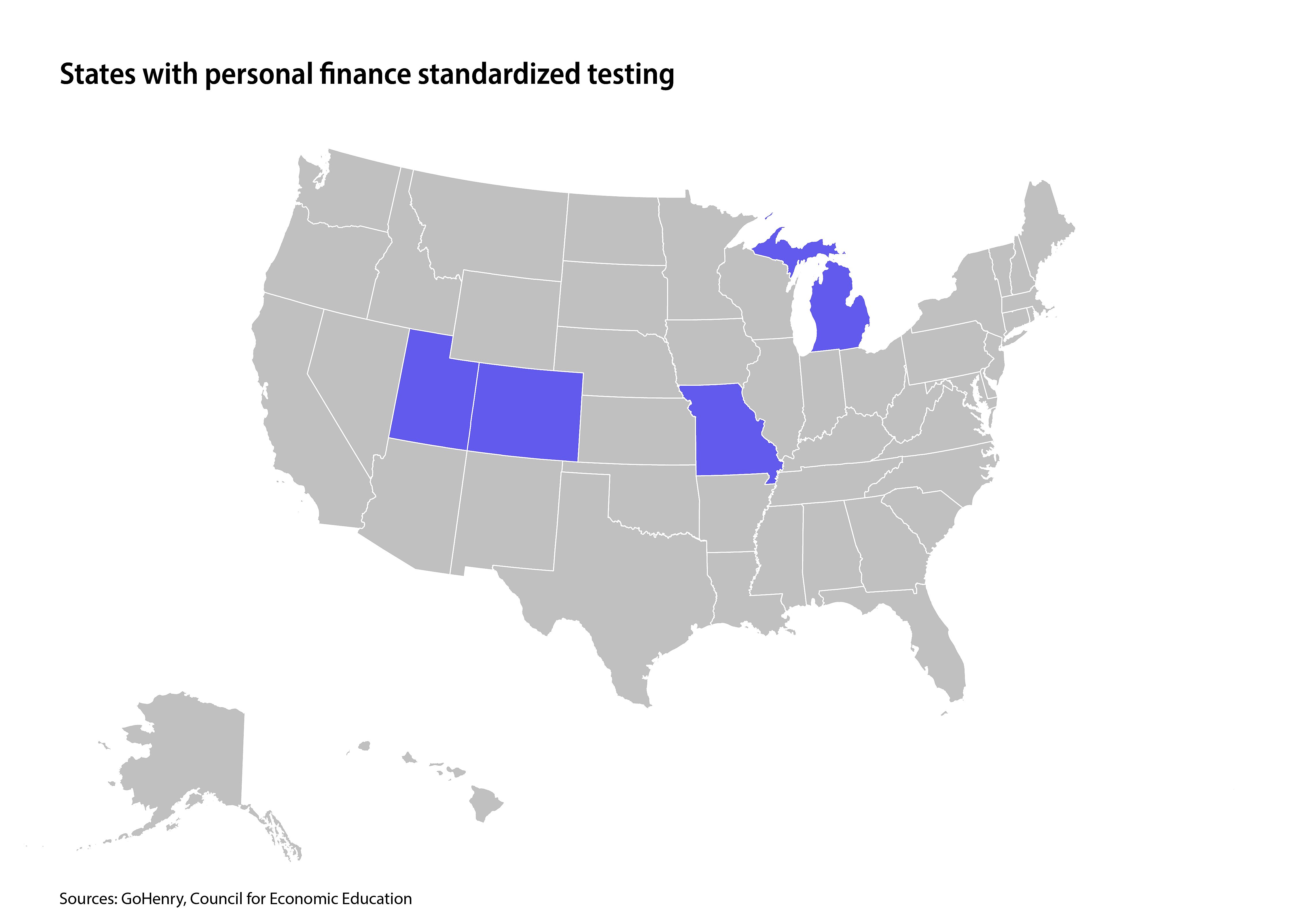 State map showing states with standardized testing for personal finance topics