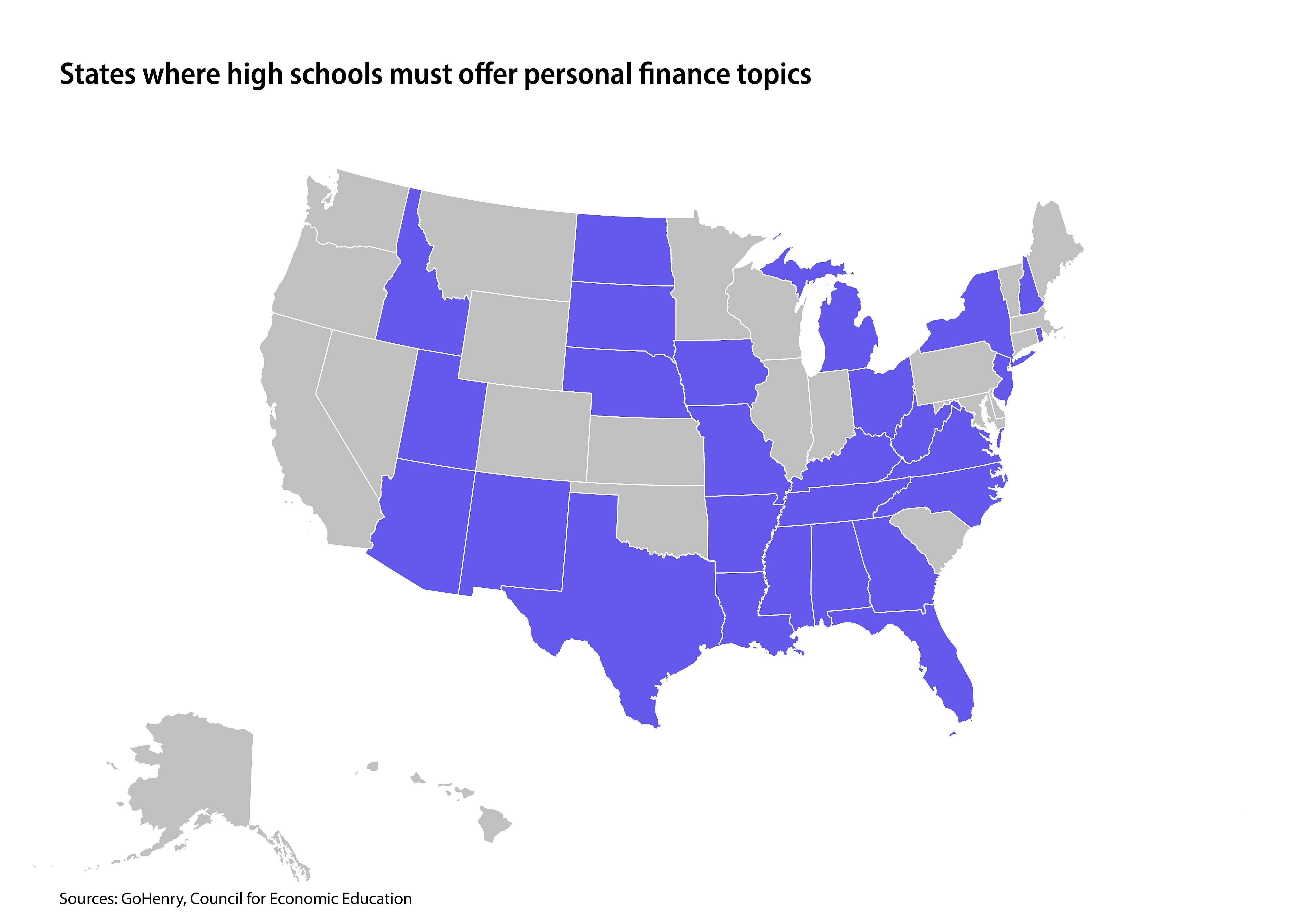 State map where high schools must offer personal finance topics