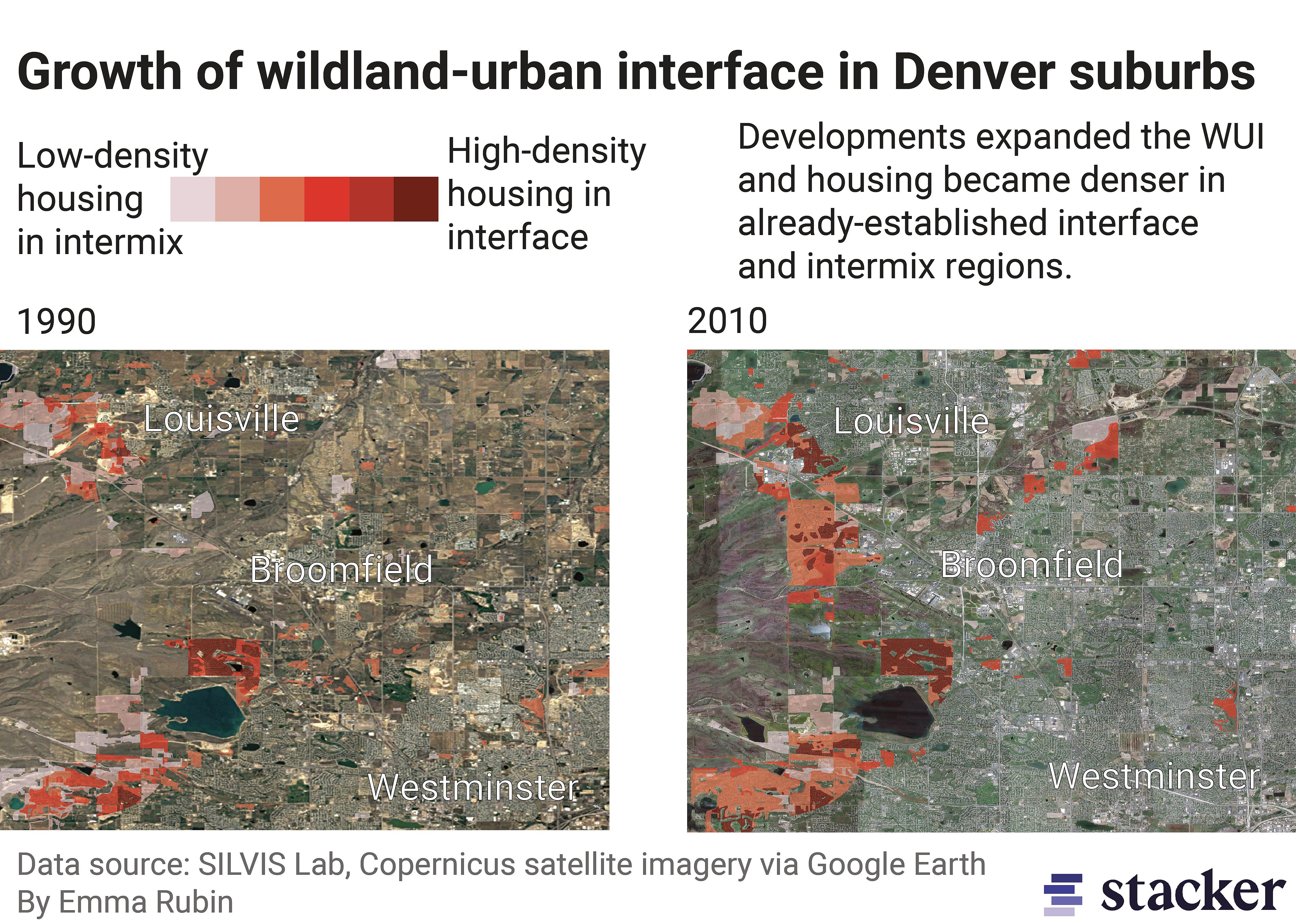 Side-by-side satellite imagery of Broomfield County, CO between 1990-2010 with the growing wildland-urban interface highlighted