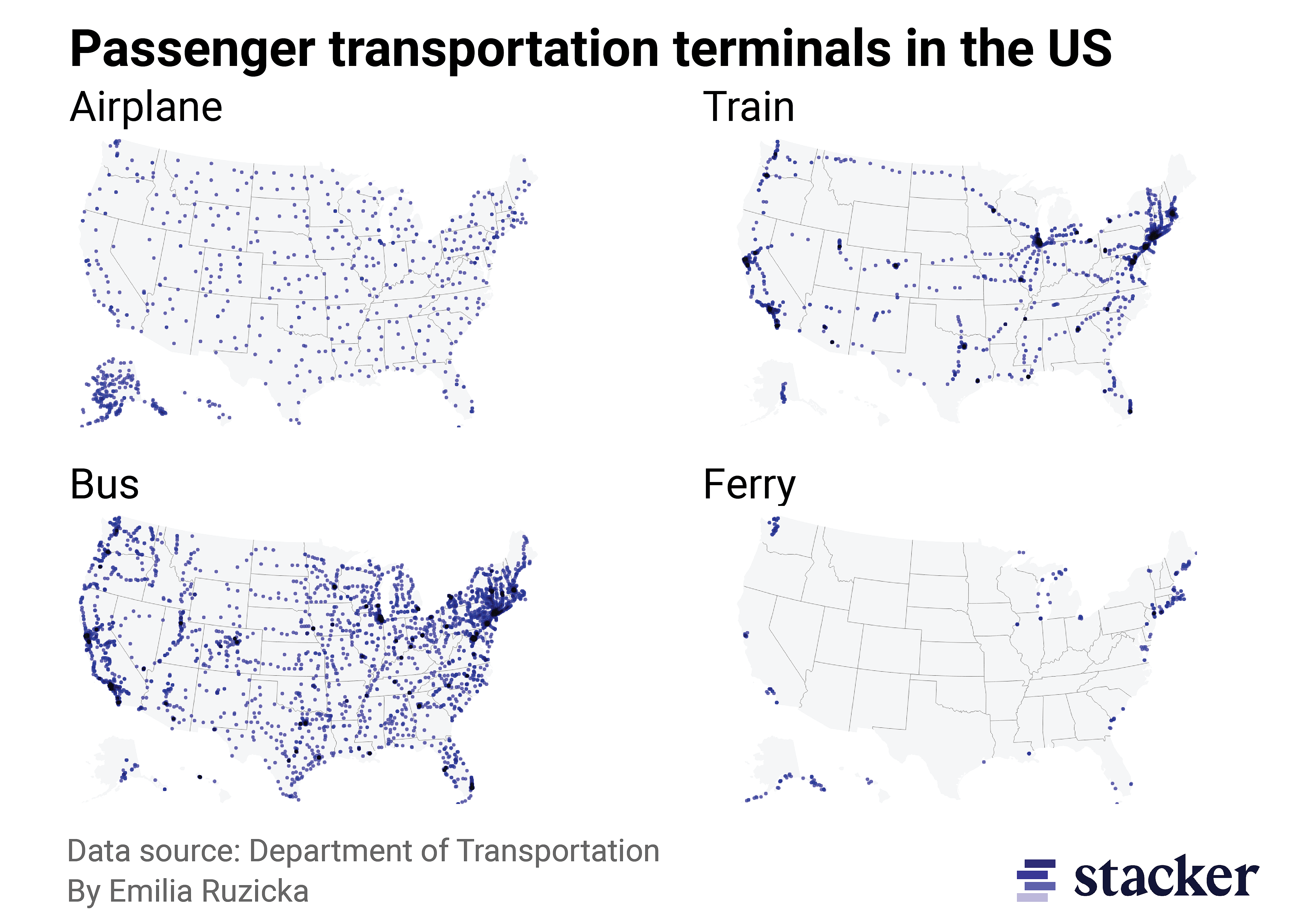 Four state-level maps of the U.S. showing passenger terminals for airplanes, trains, buses, and ferries.