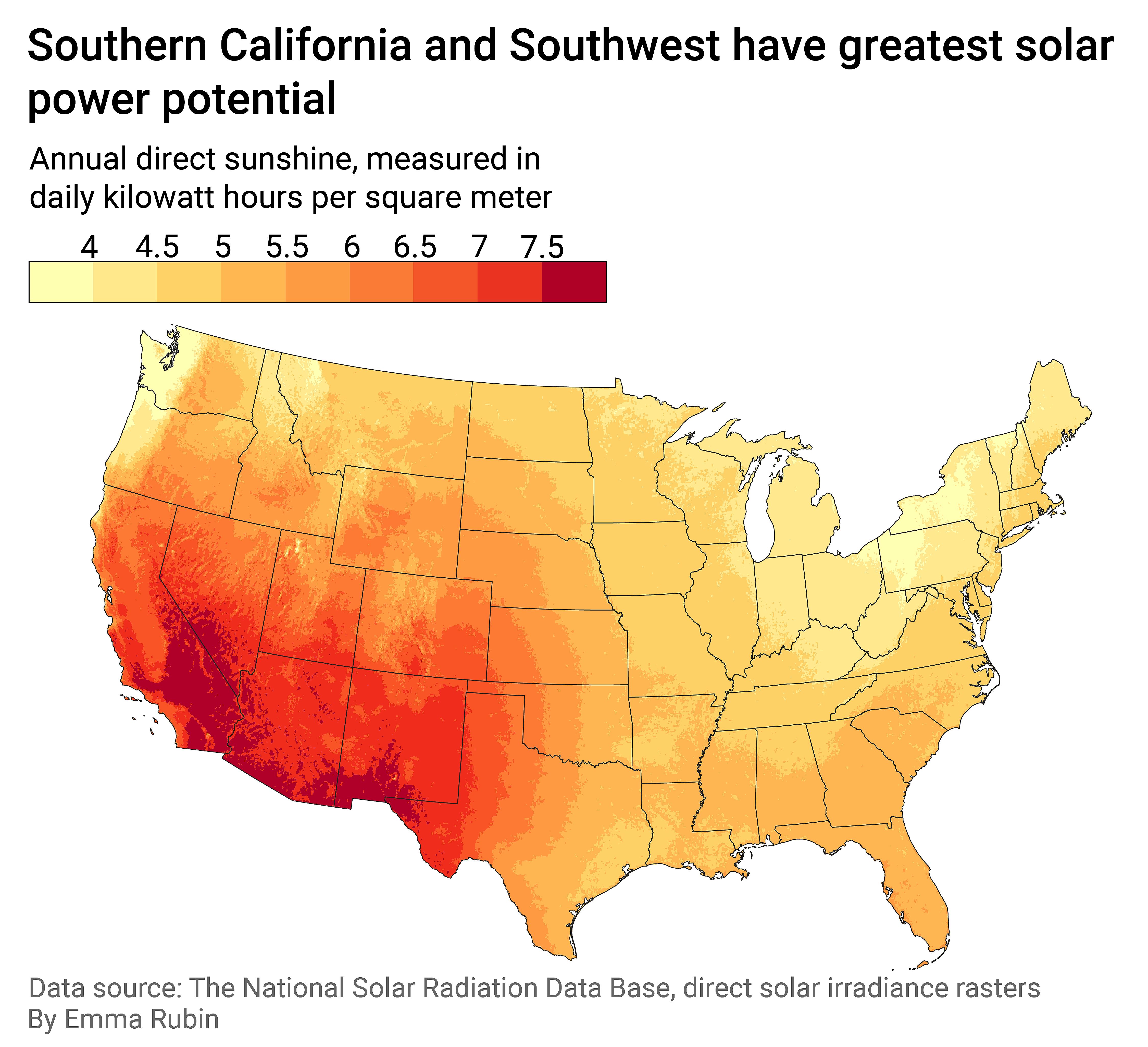 Map of direct normal irradiance in the U.S.