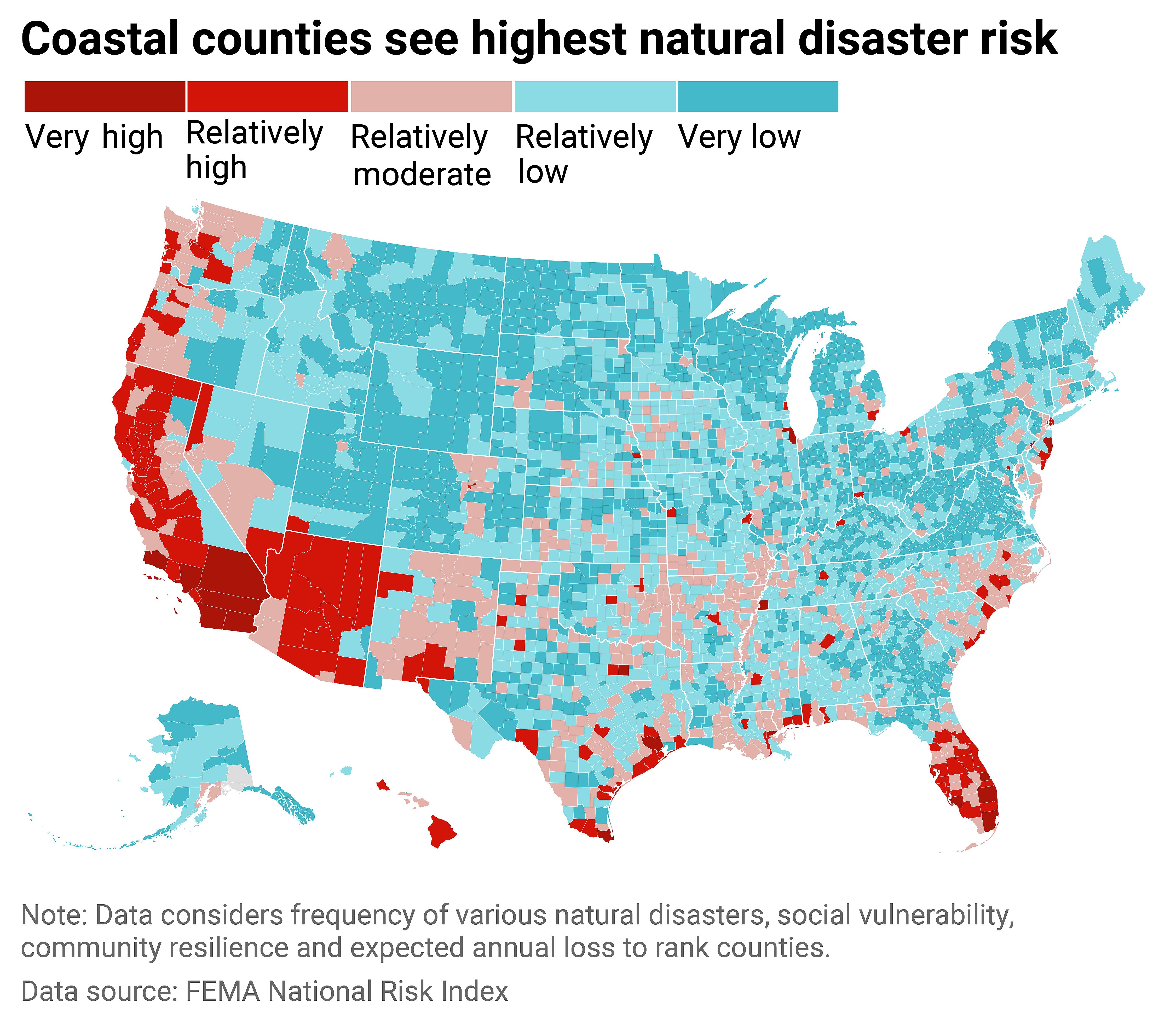 Map of natural disaster risk at the county-level.