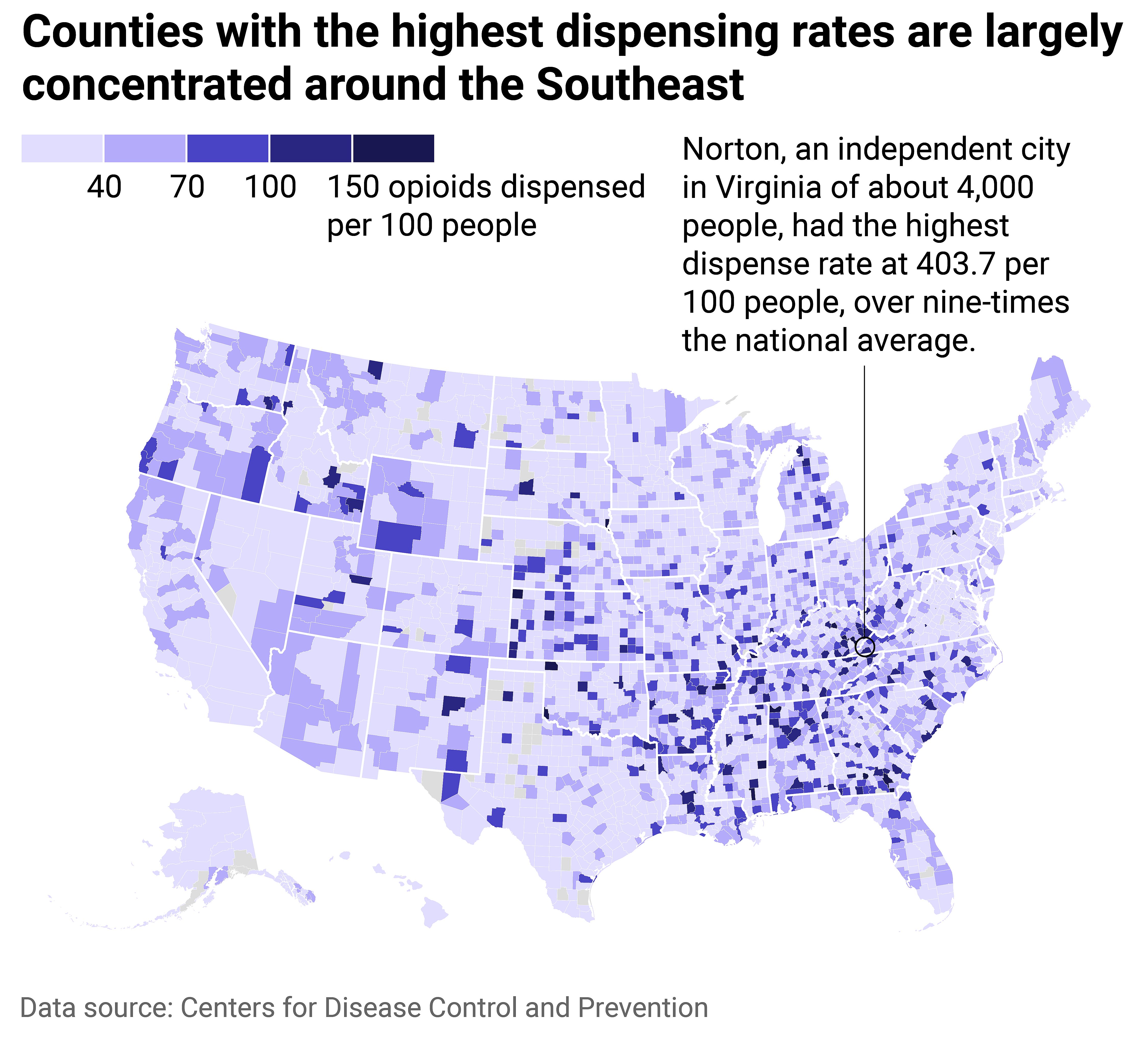 County Map showing counties with the highest dispensing rates are largely concentrated around Southeast. 