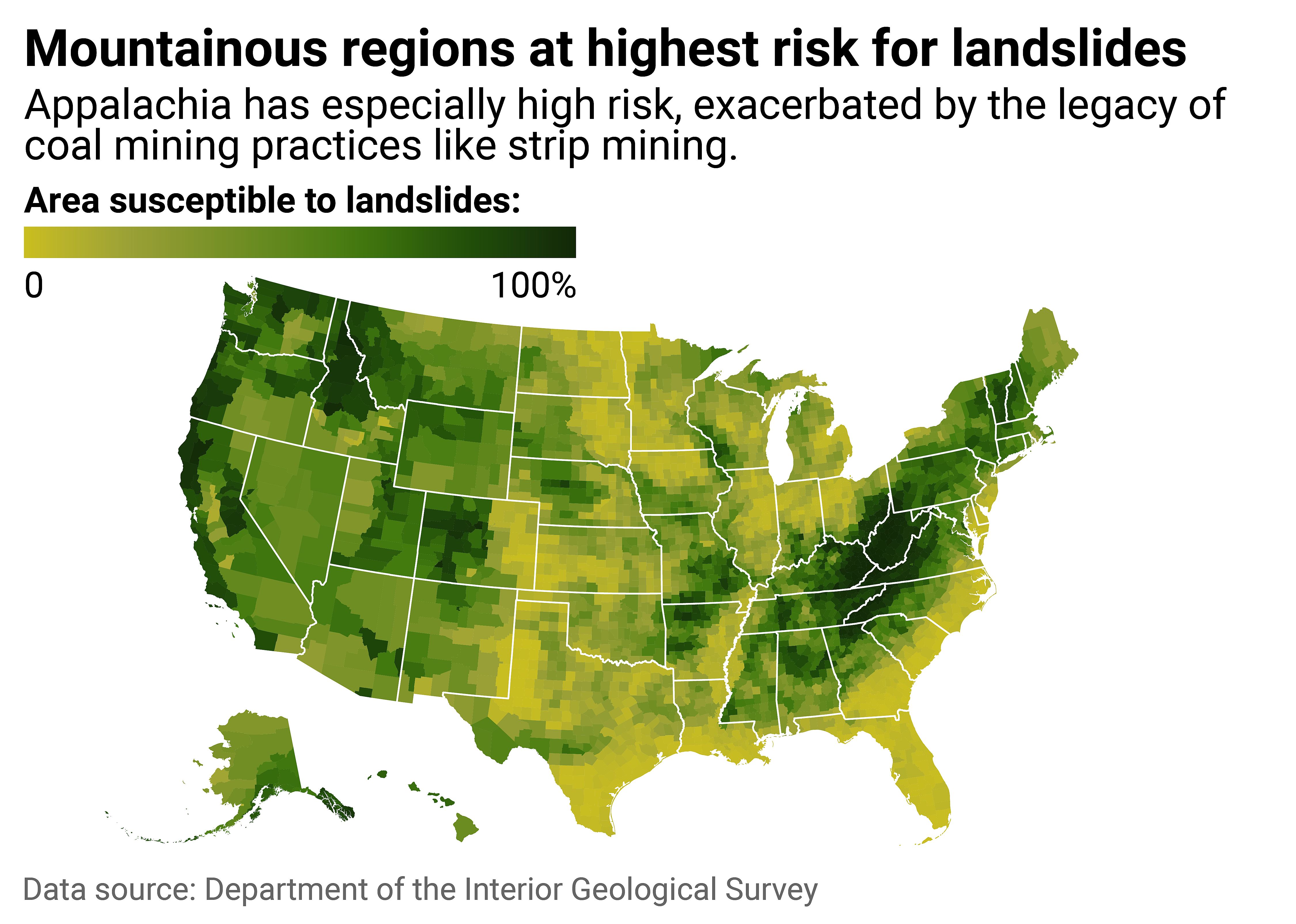 Counties within mountain ranges have high landslide susceptibility