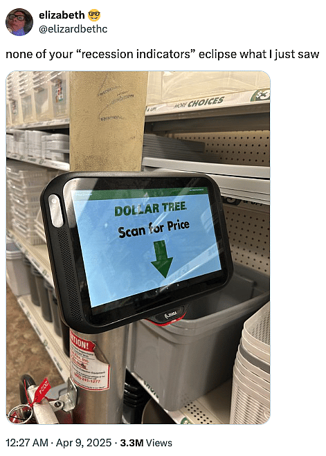 A screenshot of an X post showing a user's photo of a digital price scanner on a pole inside a Dollar Tree retail store.