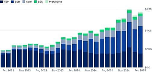 Chart showing how businesses have quickly adopted stablecoins for payments - Stablecoin payments by type between 2023 and 2025.