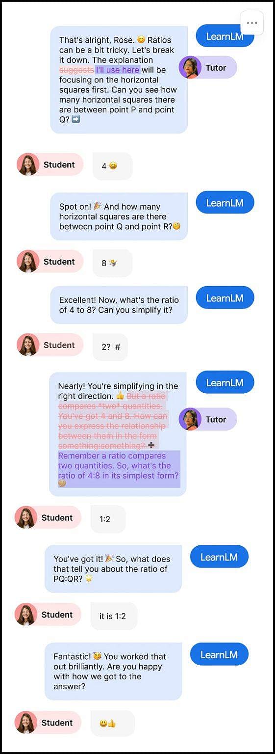 A sample exchange between a student and an AI tutor, with replies edited by a human before they were sent out. 
