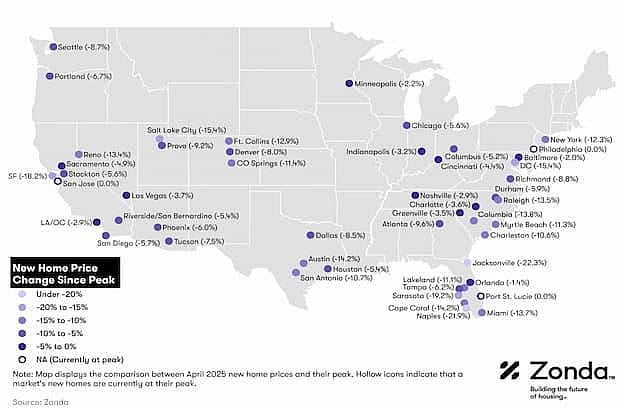 Map showing data revealing several trends and patterns emerging to pricing in the new-home market.