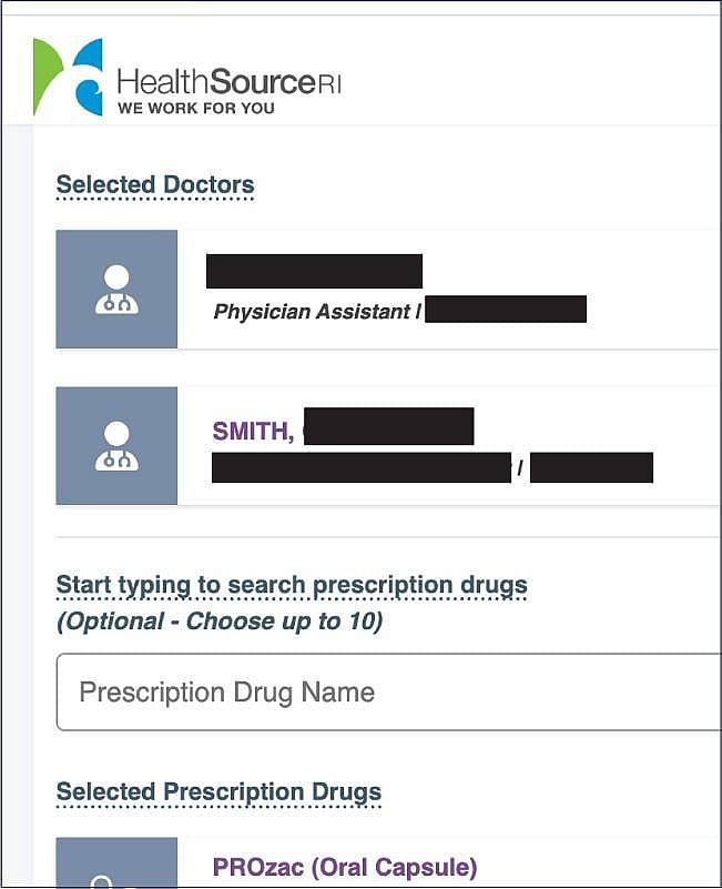 Screenshot of the interface for HealthSource RI displaying a respondent’s selection for medical providers.