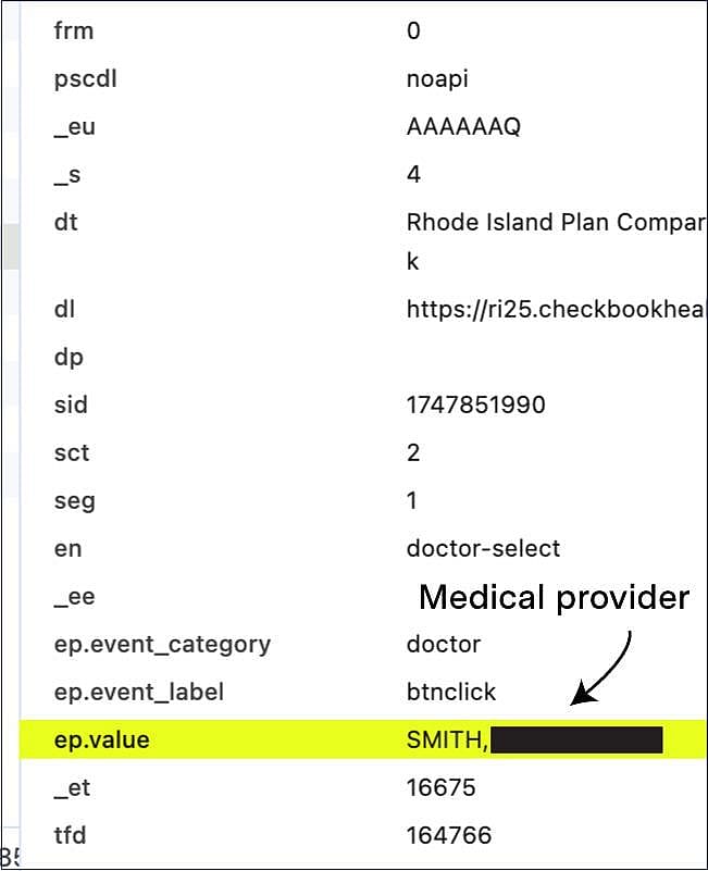 Screenshot highlighting the line of code where HealthSource RI shares the respondent’s medical provider with Google Analytics.