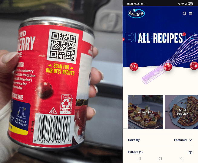 A side-by-side image of a grocery canned item with a QR code and its landing page when scanned on a mobile phone.