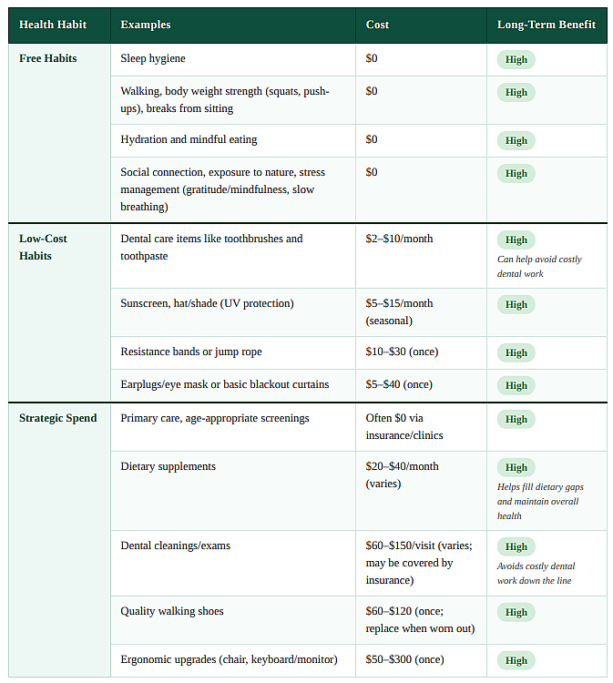 A chart citing different health habits and their examples for wellness.