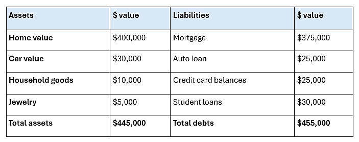 Table breaking down asset and liability categories and their values.