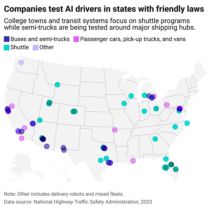 A map of the US showing which cities have self-driving buses, semi-trucks, and cars on the road.