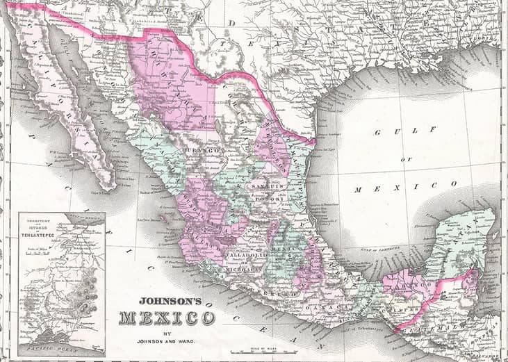 Archival map of Mexico and and Texas border from 1860s.