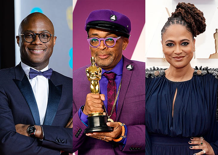 Portraits of Barry Jenkins, Spike Lee, and Ava DuVernay attending awards events.