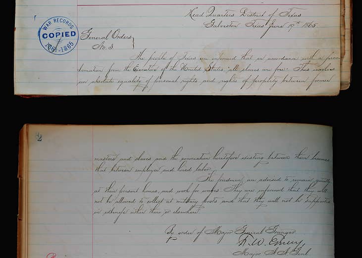 Handwritten record showing General Orders, Number 3, issued by United States Major General Gordon Granger, June 19, 1865