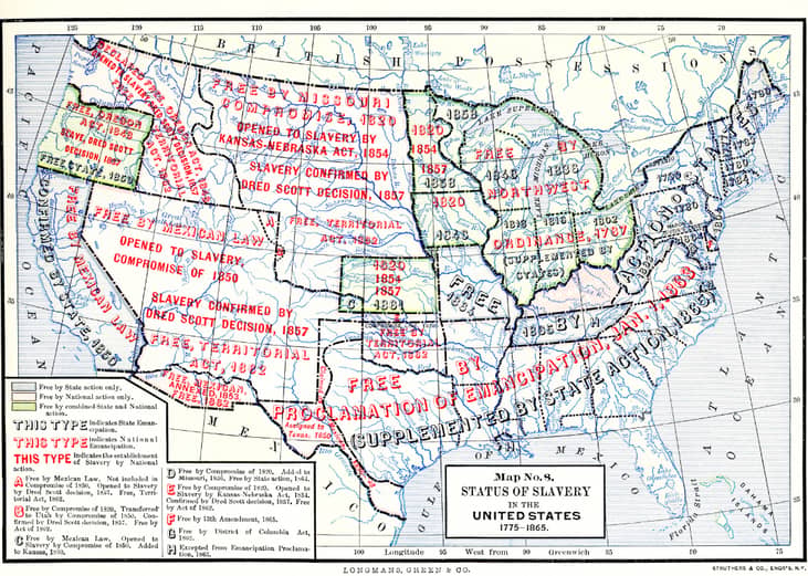 Map depicting Status Of Slavery In The United States 1775 - 1865