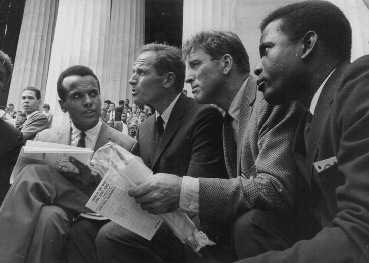 Harry Belafonte, Charlton Heston, Burt Lancaster and Sidney Poitier at the March on Washington.