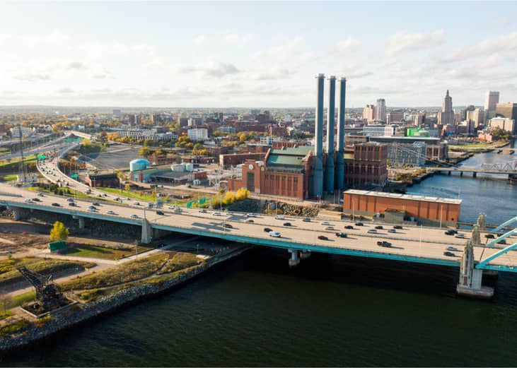 The Manchester Street Power Station smokestacks and Providence skyline.