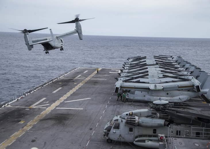 Pictured: An MV-22 Osprey takes off from USS Kearsarge (LHD 3)