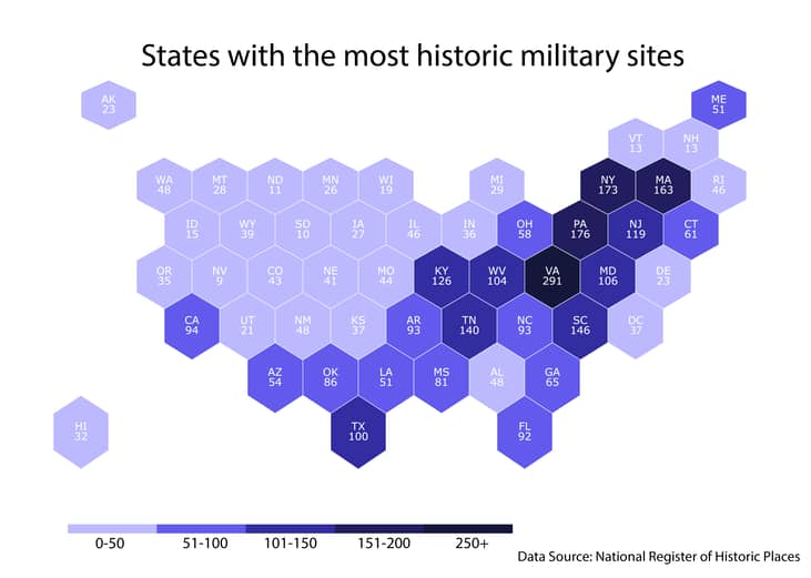 Of the 3,499 historic military sites identified, 3,112 of them are open to the public for viewing.