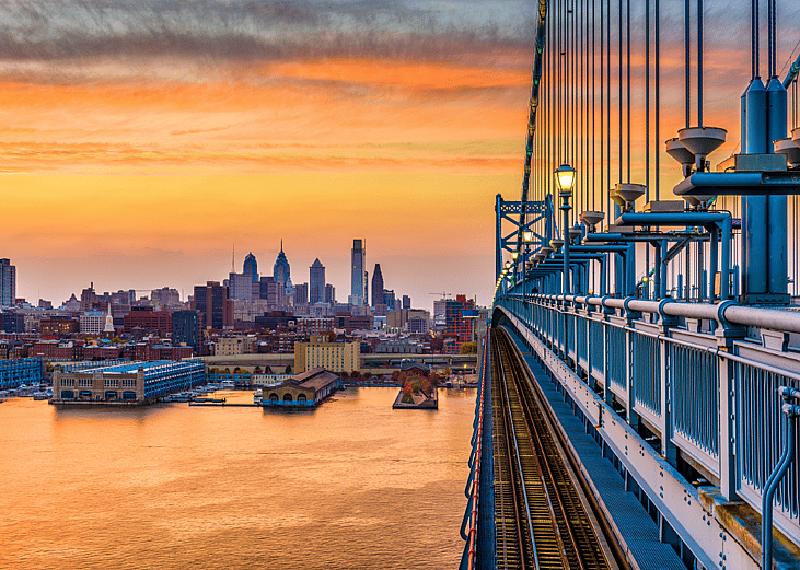 View of Philadelphia, Pennsylvania skyline from bridge