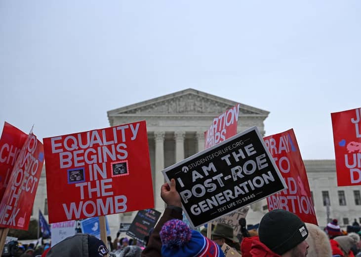 Pro-life activists march in front of the Us Supreme Court during the 49th annual March for Life, on January 21, 2022, in Washington, DC.