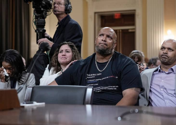 Serena Liebengood, the widow of U.S. Capitol Police officer Howard Liebengood, Sandra Garza, the long-time partner of fallen Capitol Police Officer Brian Sicknick, U.S. Capitol Police Officer Pfc. Harry Dunn, and U.S. Capitol Police Sgt. Aquilino Gonell listen during a hearing held by the Select Committee to Investigate the January 6th Attack on the U.S. Capitol on June 09, 2022 on Capitol Hill in Washington, DC.