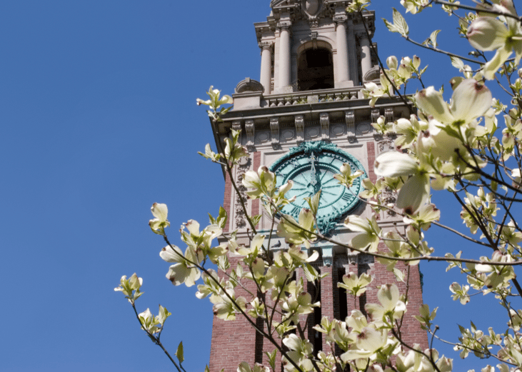 Clocktower at Brown University in Rhode Island during the spring
