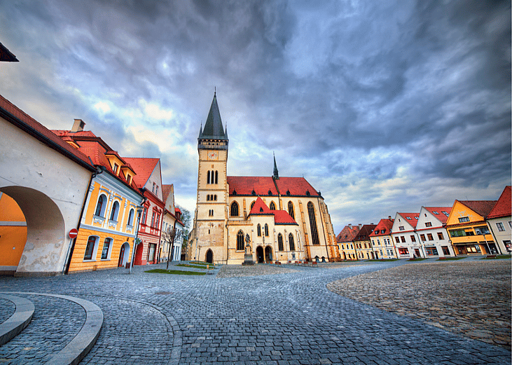 Cobblestone street and buildings in Bardejov, Slovakia