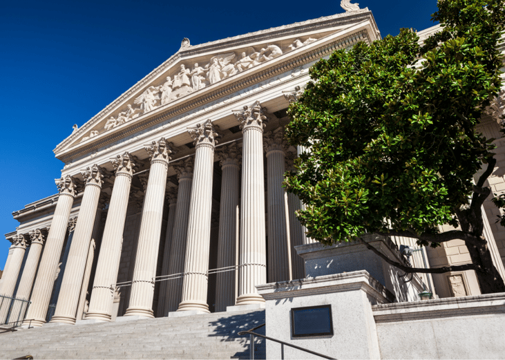Closeup, angled shot of the National Archives building