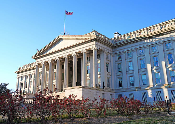 View of the U.S. Department of the Treasury headquarters building in the United States capital.