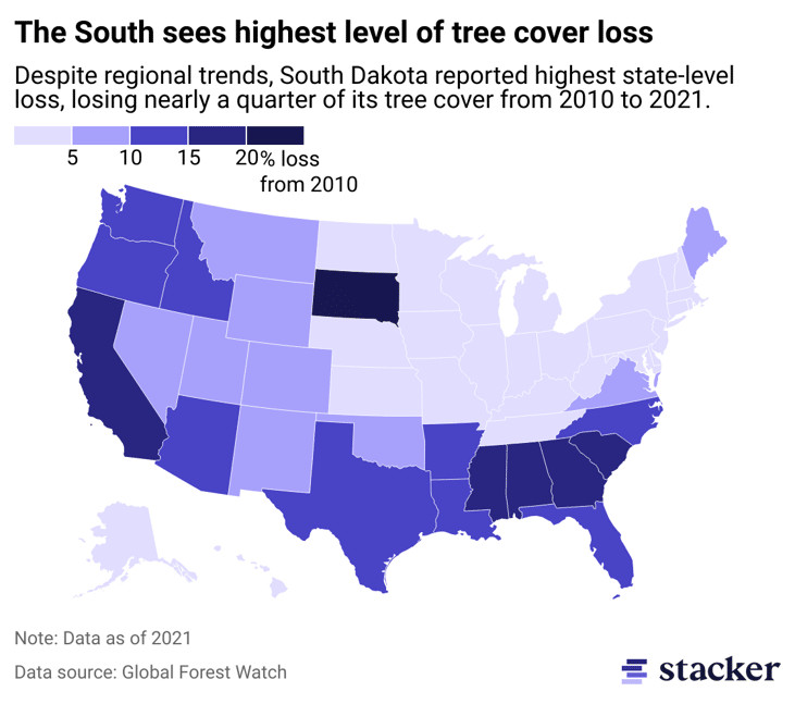 State map showing percent tree cover loss across the U.S.