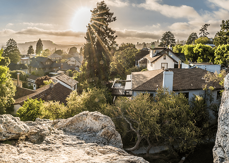 Sunset over big, beautiful homes in Albany, in northern California.