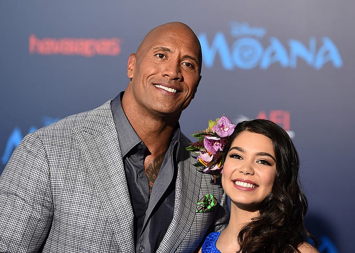 Actors Dwayne Johnson and Auli'i Cravalho arrive at the premiere of Disney's 'Moana' at the El Capitan Theatre on Nov. 14, 2016 in Hollywood, California.