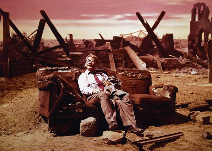 Actor Burgess Meredith as Henry Bemis, the last man left alive after a nuclear explosion, in the 1959 'Twilight Zone' episode called 'Time Enough at Last.'