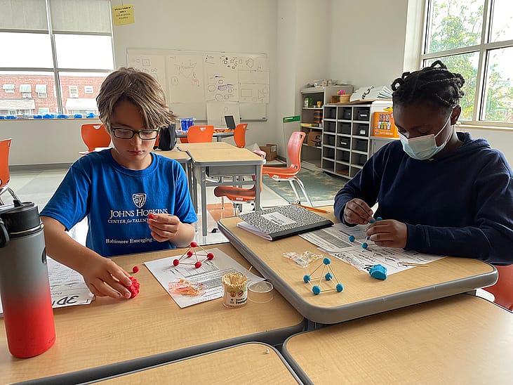 Students build pyramids in geometry class during a 2022 summer learning program offered by Baltimore City Public Schools.