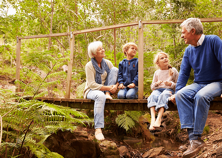 Grandparents and grandchildren sitting on a wooden bridge in the forest, smiling