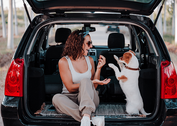 A woman and dog sit in the open rear cab of an SUV, playing.