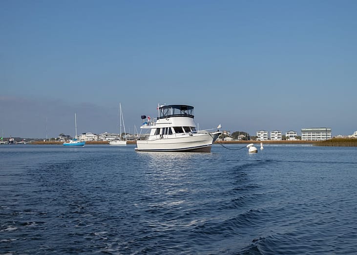Boats in a mooring field in Carolina Beach, NC.