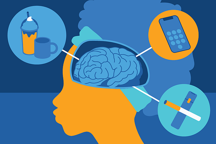 Illustration showing a teens brain being affected by drinks, social media and cigarettes.