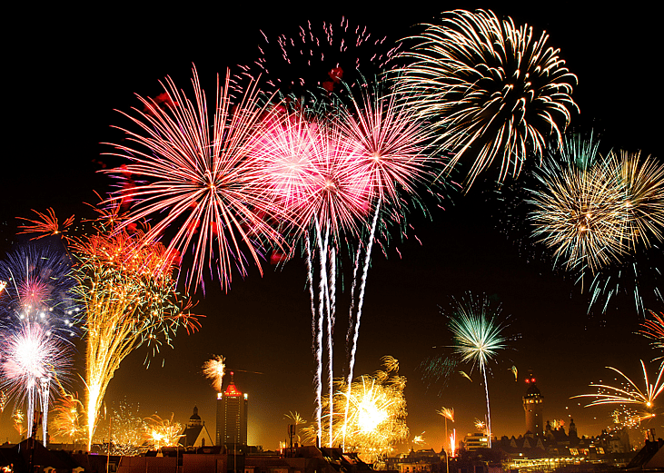 A fireworks display on New Year's Eve