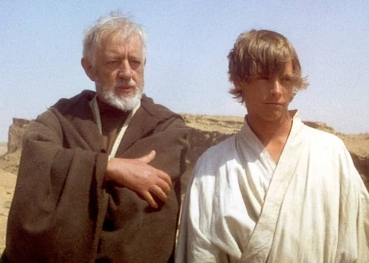 Actors Alec Guinness and Mark Hamill on the set of 'Star Wars: Episode IV - A New Hope.'